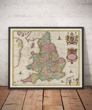 Old Map of England & Wales in 1665 by Joan Blaeu - Rare Chart With Ancient Counties