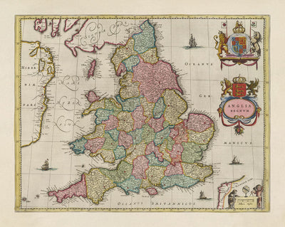 Old Map of England & Wales in 1665 by Joan Blaeu - Rare Chart With Ancient Counties