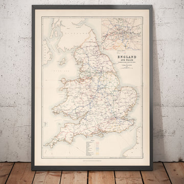 Antiguo mapa ferroviario de Inglaterra y Gales en 1881 por AK Johnston - Great Western, Eastern, Northern, Midland, London & North Western