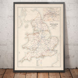 Ancienne carte ferroviaire de l'Angleterre et du Pays de Galles en 1881 par AK Johnston - Great Western, Eastern, Northern, Midland, London & North Western