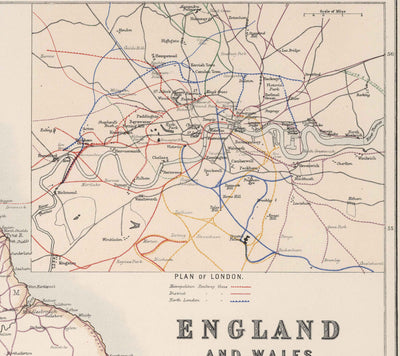 Old Railway Map of England & Wales in 1881 by AK Johnston - Great Western, Eastern, Northern, Midland, London & North Western