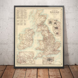 Old Map of Railways & Canals in British Isles 1872 by Fullarton - Colour Train Map of England, Ireland, Scotland, Wales
