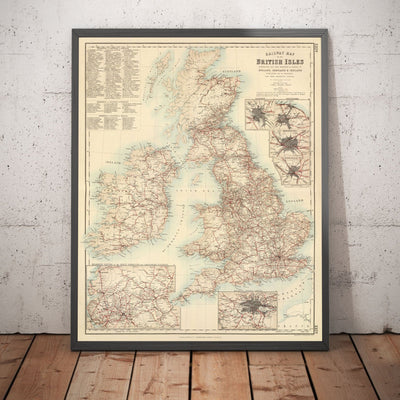 Old Map of Railways & Canals in British Isles 1872 by Fullarton - Colour Train Map of England, Ireland, Scotland, Wales