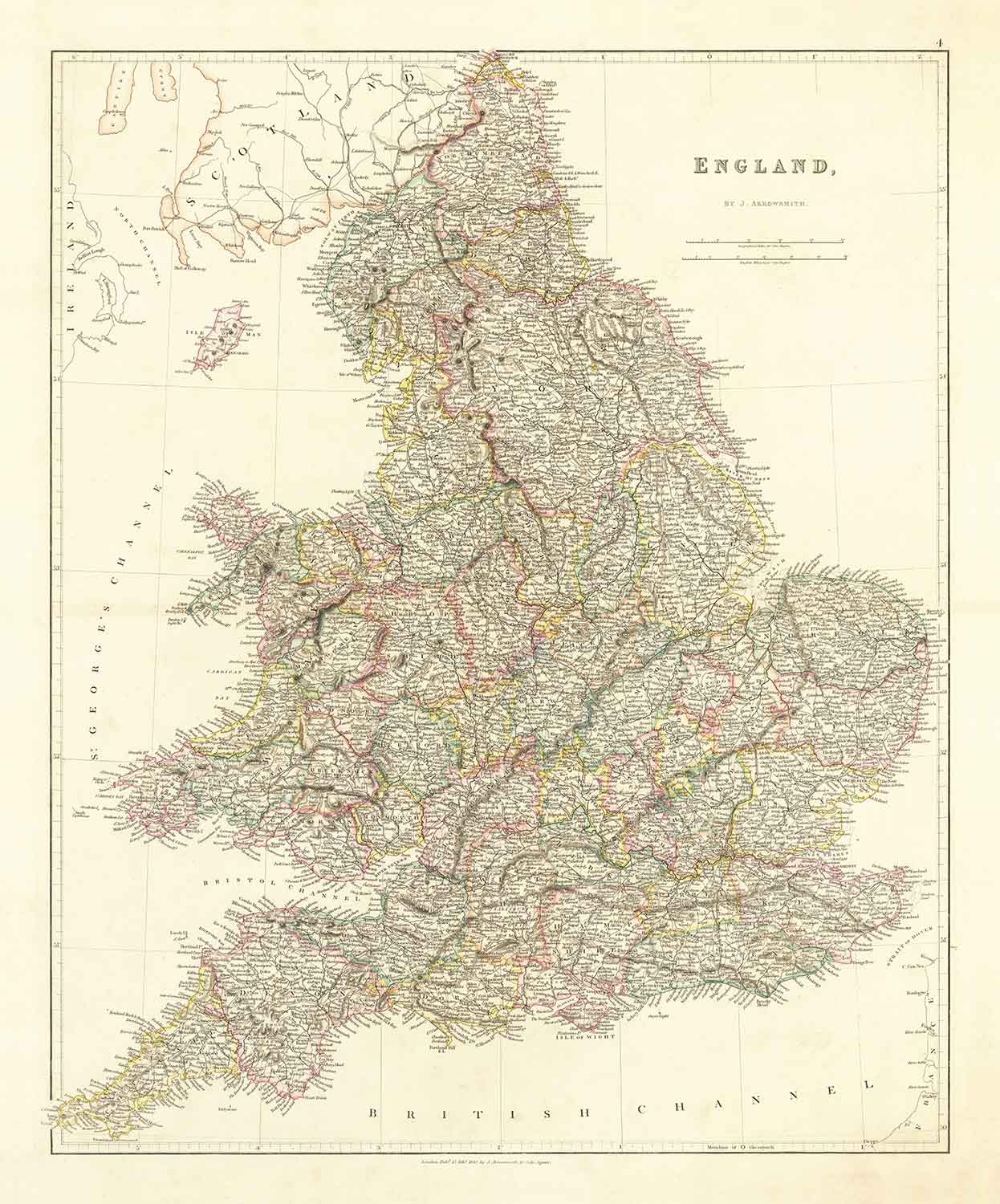 Old Map of England and Wales in 1832 by John Arrowsmith - Cities, Counties, Roads, Railway