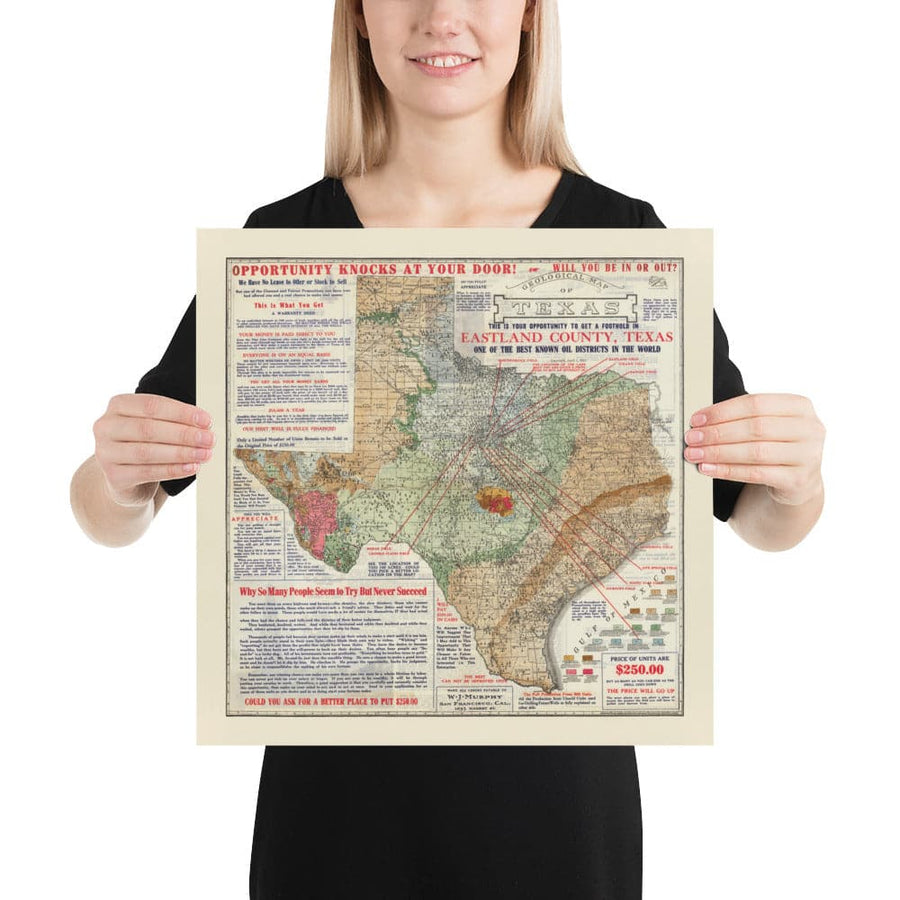Mappa geologica antica e rara del Texas, 1921 - Grafico degli investimenti nel boom petrolifero della contea di Eastland 