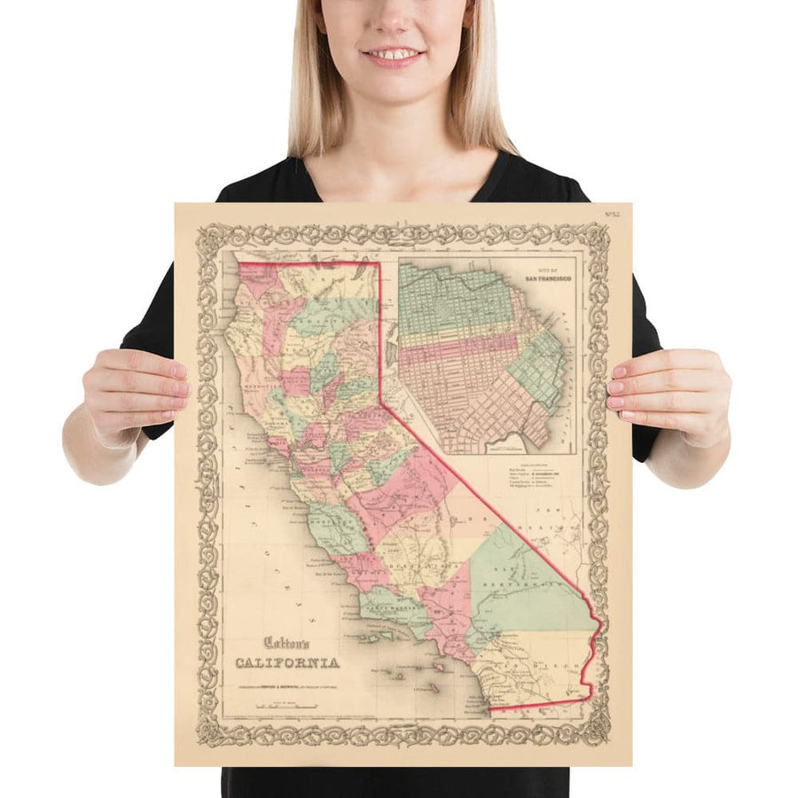 Mappa antica della California 1860, Colton - San Francisco, Los Angeles, San Diego, Santa Clara, Fresno, San Jose 