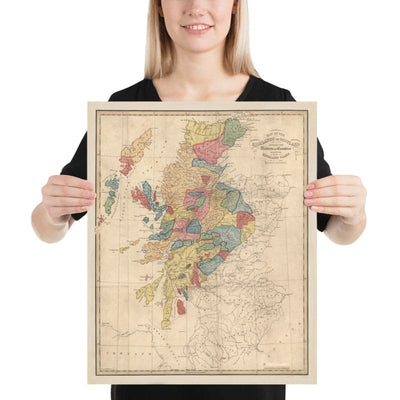Mapa de clanes de Escocia - Raro mapa en color de las Tierras Altas de Escocia por WH Lizars, 1822
