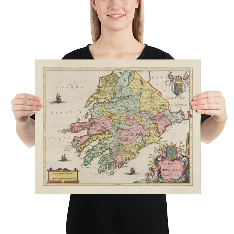 Antica mappa del Munster, Irlanda nel 1665 di Joan Blaeu - Contea di Cork, Clare, Kerry, Limerick, Tipperary, Sud Ovest Eire 