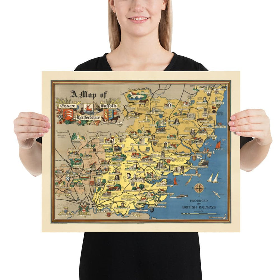 Mappa antica di Essex, Suffolk, Hertfordshire, 1948 - Grafico Pictoriale delle Ferrovie Britanniche - Colchester, Southend, St Albans 