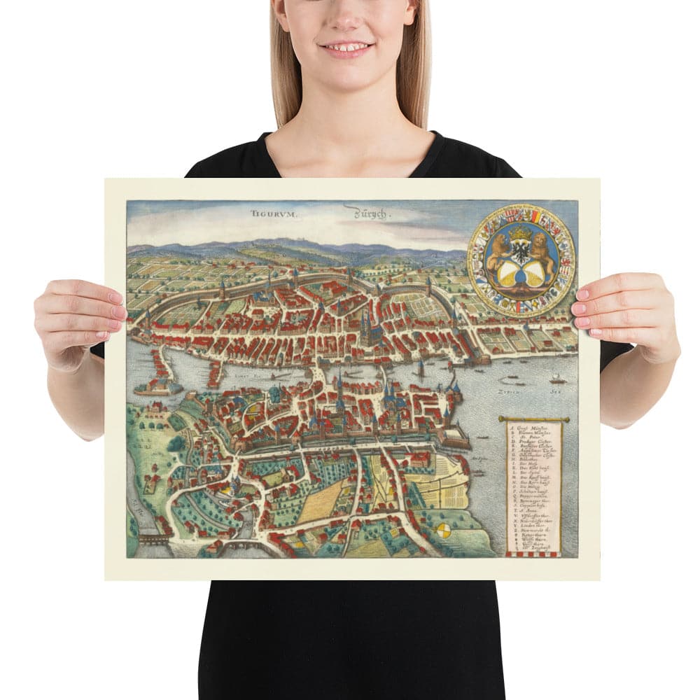 Old Map of Zurich, Switzerland 1638 by Matthaus Merian - Lake Zurich, Limmat River, Canals, Castle Walls, Coat of Arms