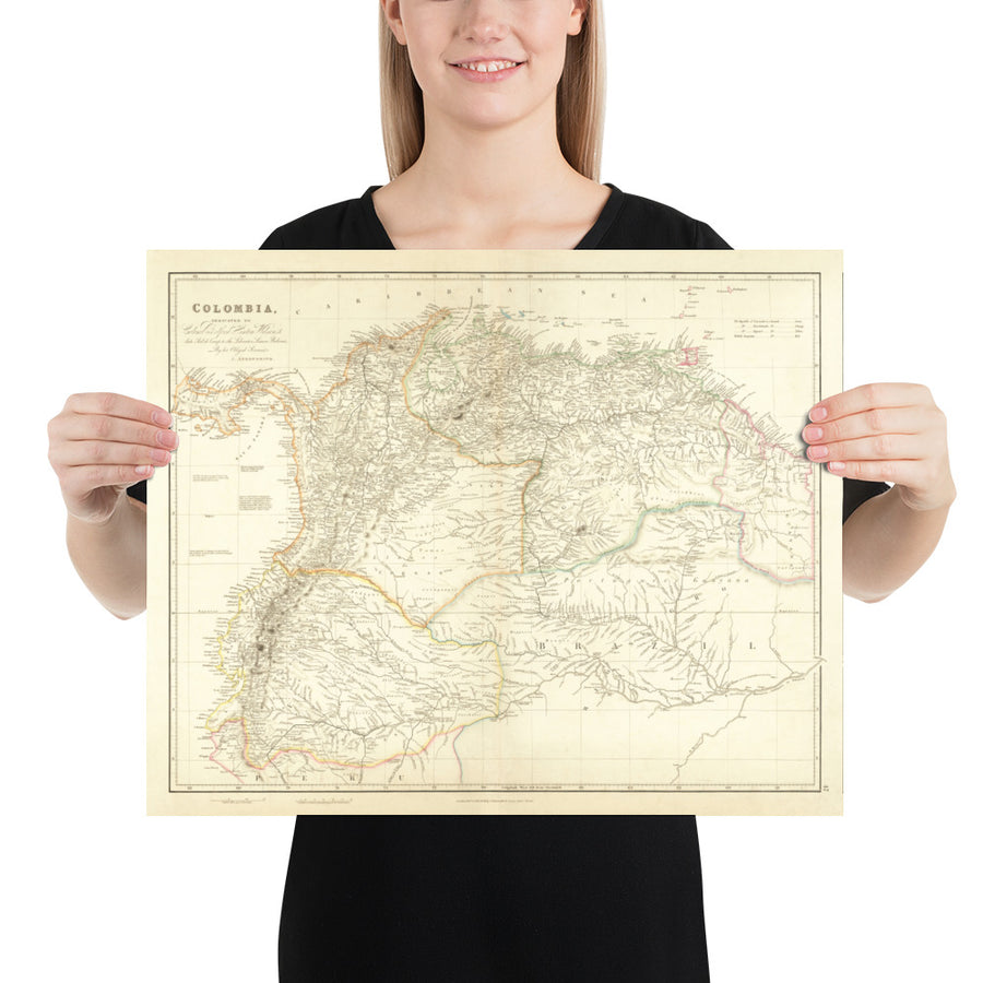 Ancienne carte de la Colombie, 1834 par Arrowsmith - Grande Colombie, Venezuela, Equateur, Pérou, Caraïbes, Panama