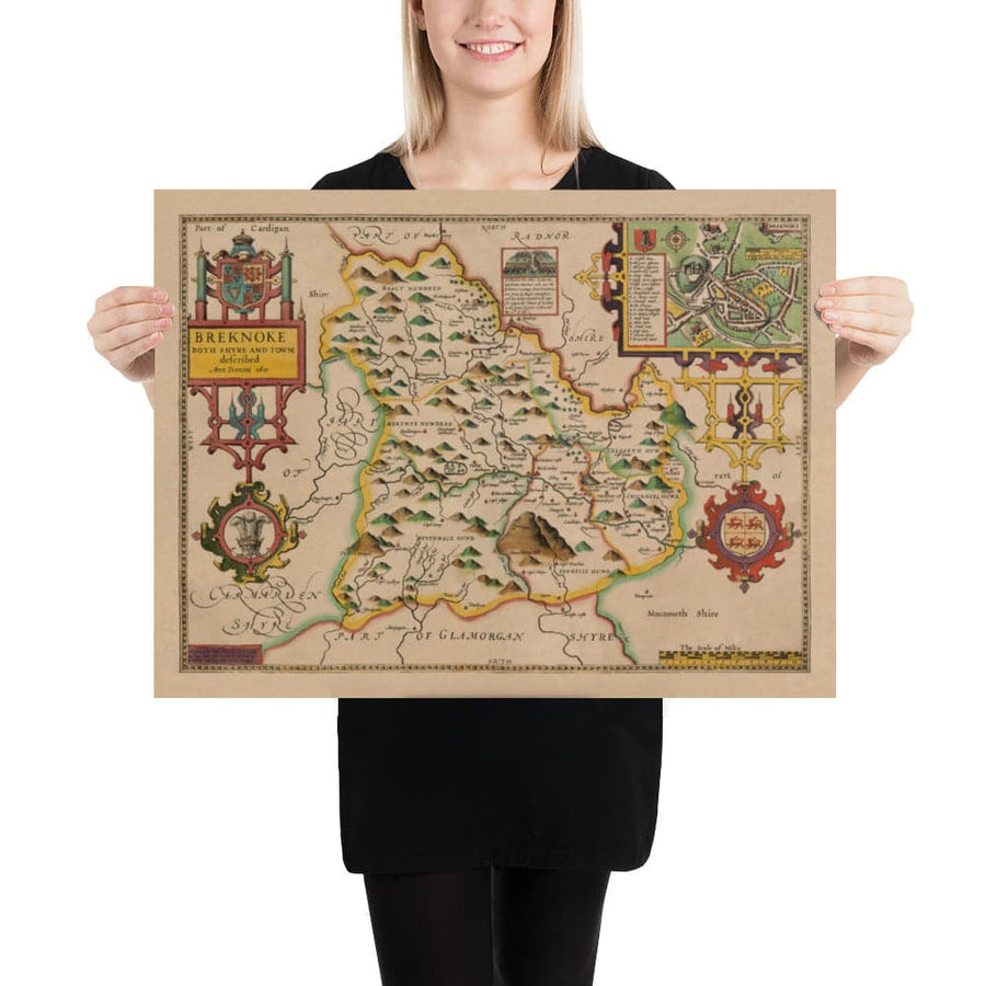 Mappa antica di Brecon Galles, 1611 di John Speed - Beacons, Crickhowell, Powys, Trecastle 