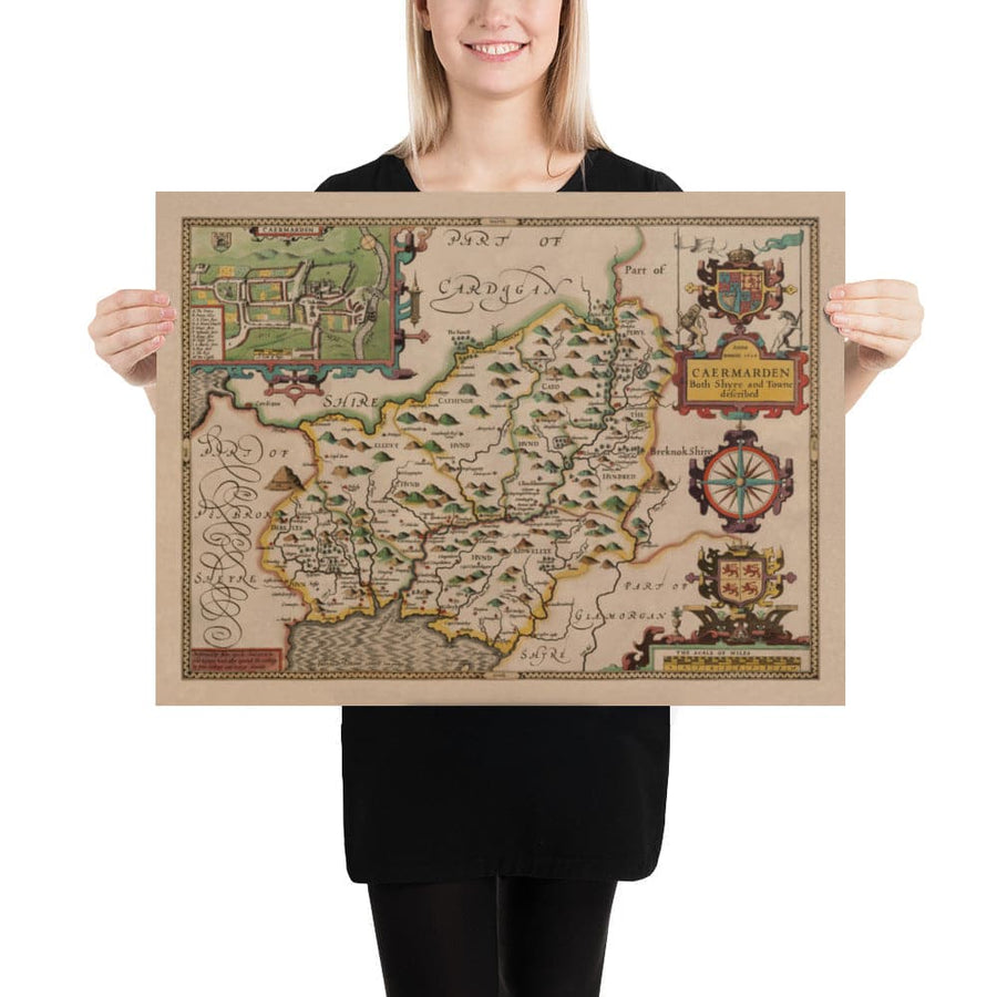 Mappa antica del Carmarthenshire in Galles, 1611 di John Speed - Carmarthen, Llanelli, Llandovery 