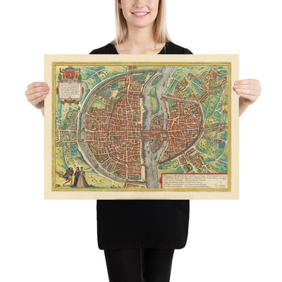 Old Map of Paris, 1572 by Braun - Notre Dame, Sainte Chapelle, Bastille, Seine, Cathedral, City Walls