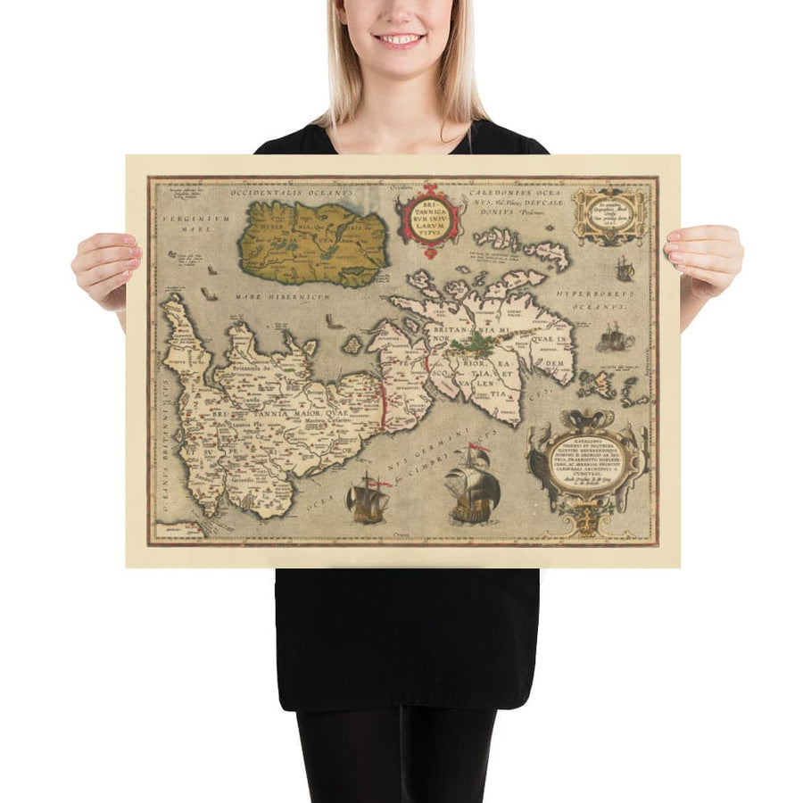 Antica mappa delle Isole Britanniche di Abraham Ortelius, 1595 - Inghilterra, Irlanda, Galles, Scozia - Britannia, Hibernia 