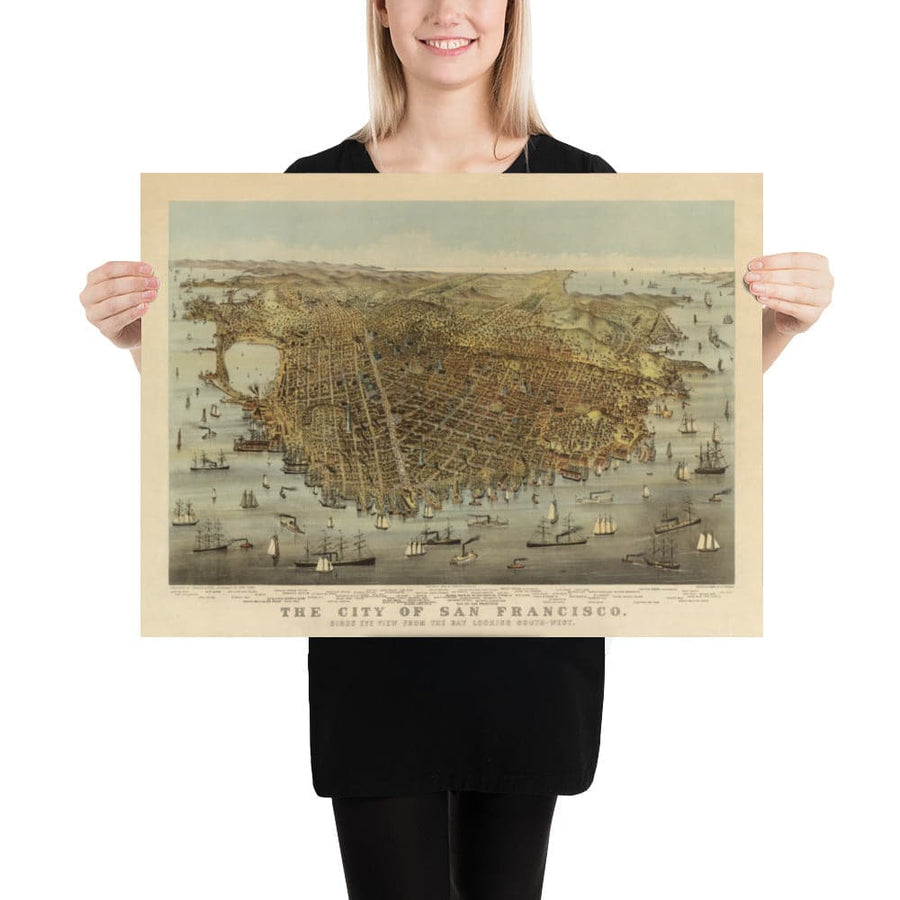 Mappa antica di Birds Eye di San Francisco nel 1878 - Bay Area, Golden Gate, Corsa all&
