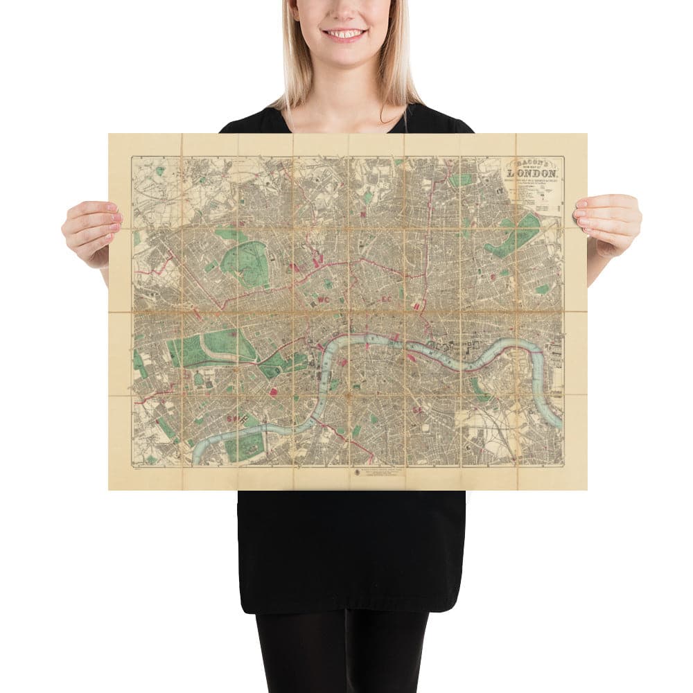 Big Old Map of London by Bacon, 1890 - Rare Folding Wall Chart of Victorian England