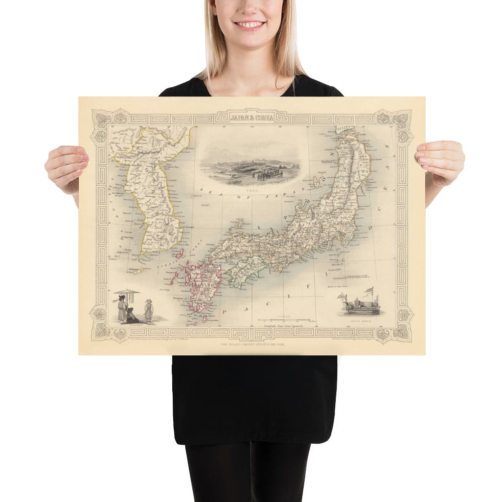 Mapa antiguo de Japón y Corea, 1851 por Tallis y Rapkin - Kyushu, Honshu, Shikoku, Hokkaido, Tokio, Seúl