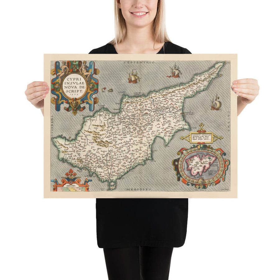 Rara Mappa Antica di Cipro di Abraham Ortelius, 1573 - Nicosia, Kyrenia, Famagosta, Limassol, Pafos 