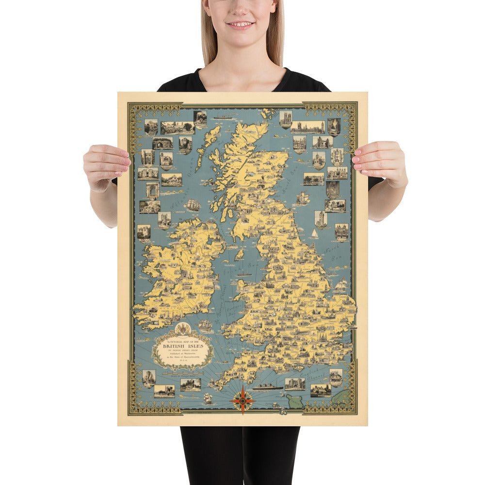 Old Pictorial Map of the British Isles, 1939 by Ernest Dudley Chase - Illustrated Landmarks, Cities, Five Nations