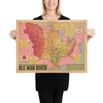 Old Map of Mississippi River Basin, 1945 - "Ole Man River" - Neighbouring States, Flood Control, Gulf of Mexico