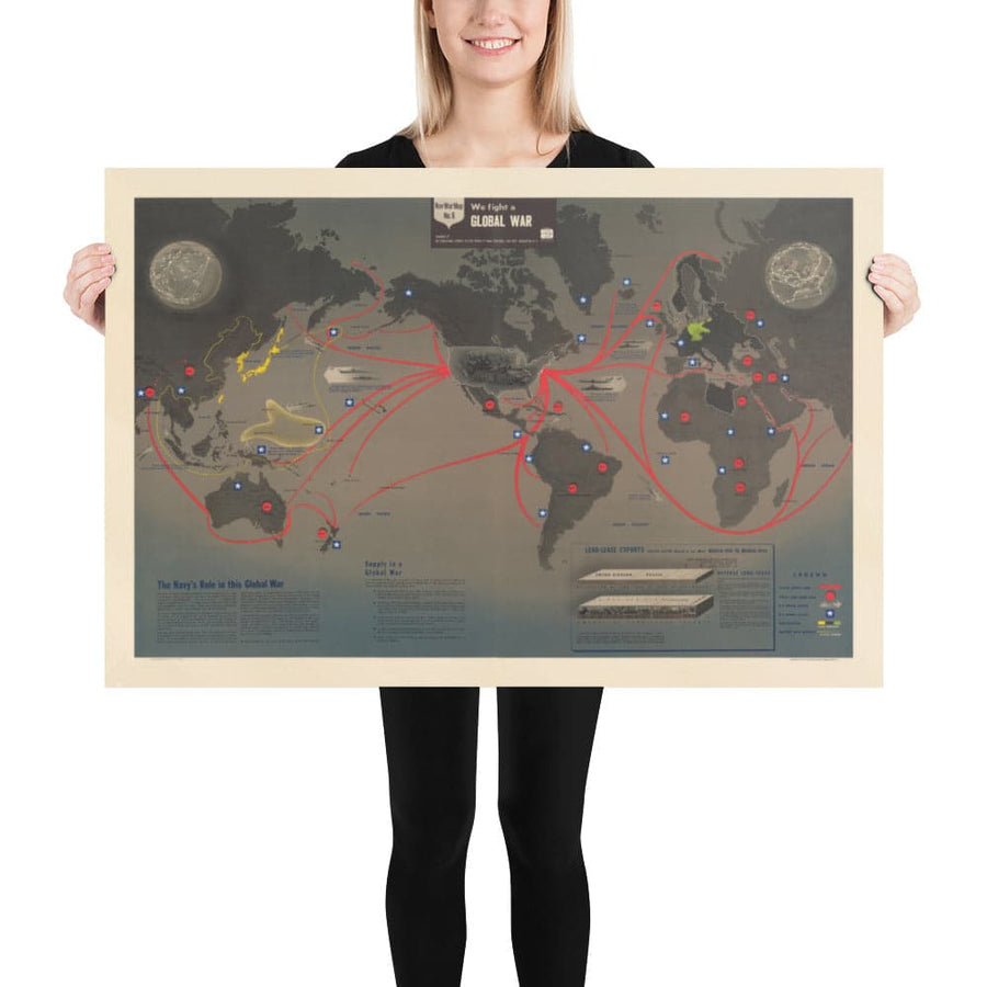 NAVWARMAP No. 6 - Old World War 2 MAP, 1944 - Mapa de la EDUCACIÓN Y PROPAGANDA de la Marina de los EE. UU. - Aliados marítimos contra la tabla de pared nazi