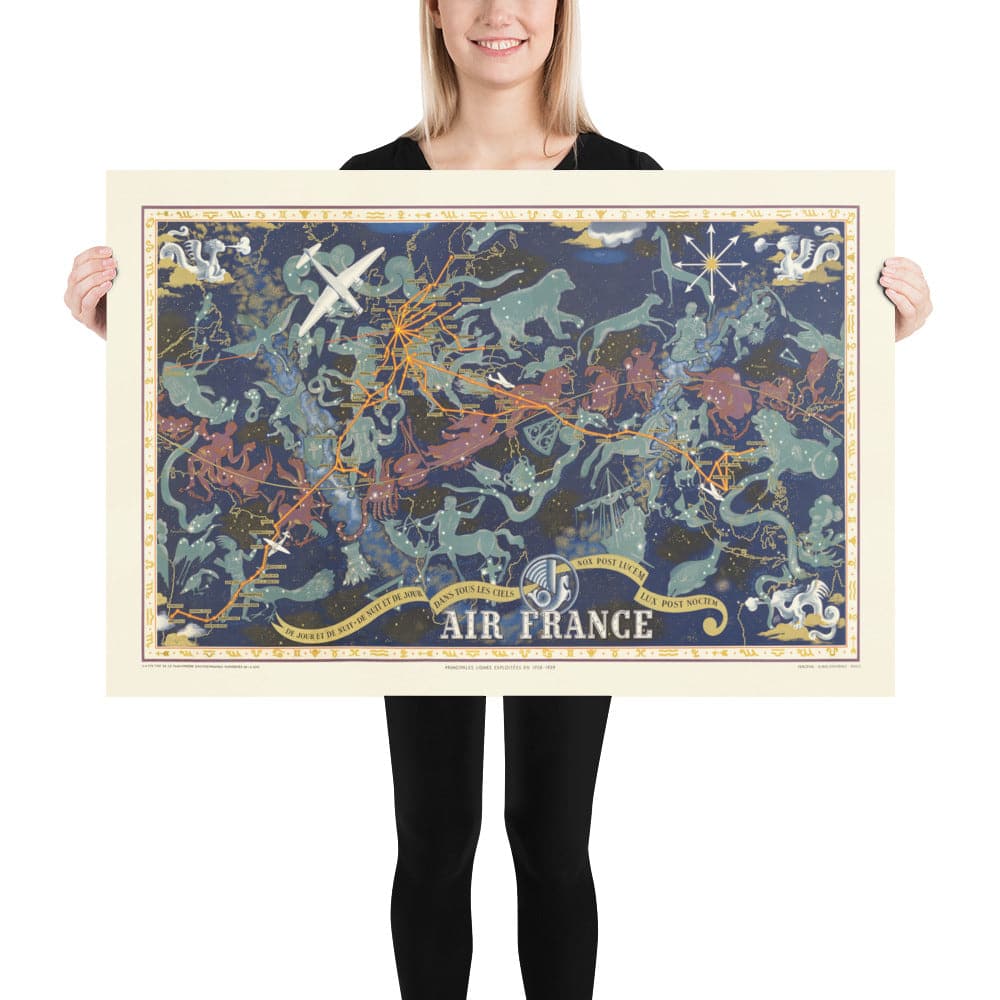 Old Air France Zodiac World Map, 1939 by Lucien Boucher - Historical Aircraft Route Celestial Wall Chart