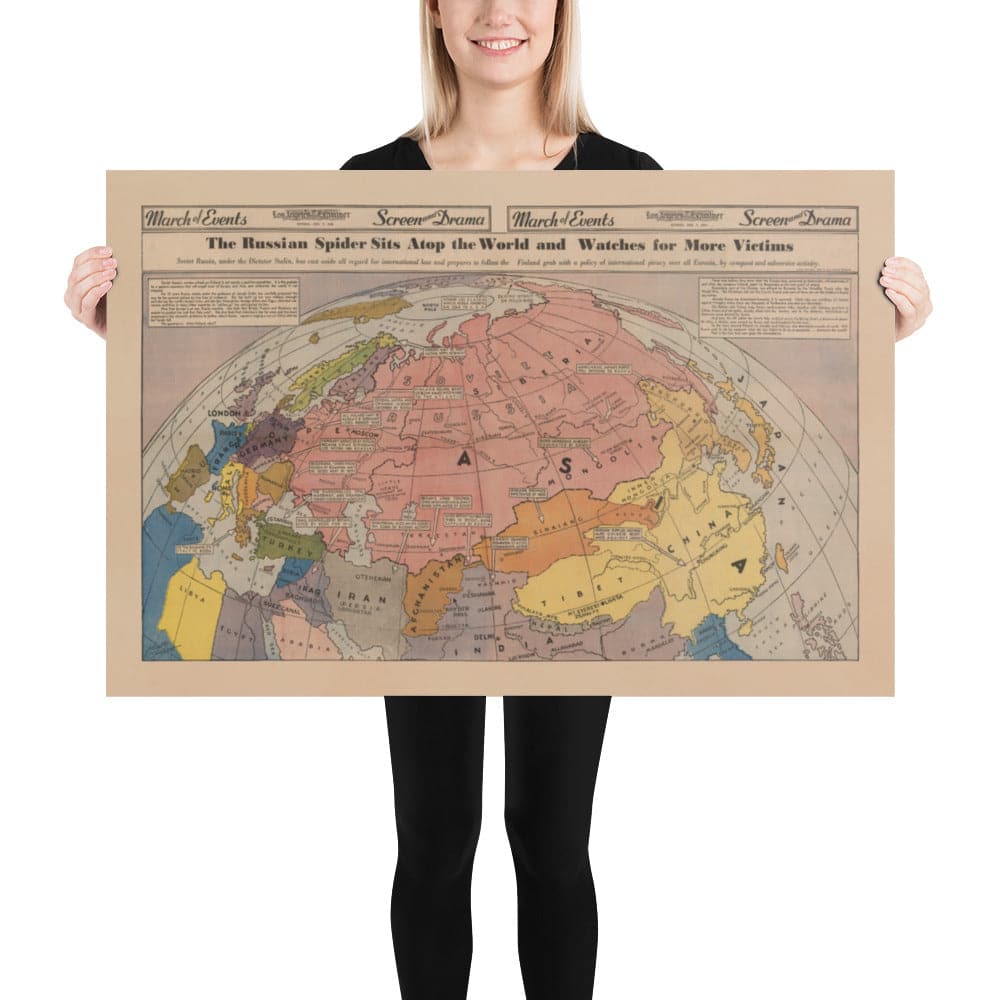 World War 2 Anti USSR Propaganda Poster Map of Europe & Asia - The Soviet Spider Sits Atop The World