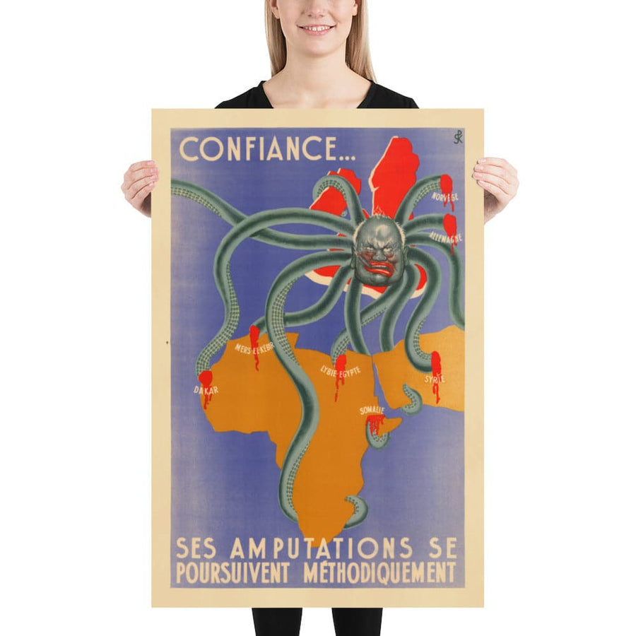 Zweiter Weltkrieg Nazi Vichy Frankreich Propagandaposter Karte - Winston Churchill als tentakelhaftes Ungeheuer 