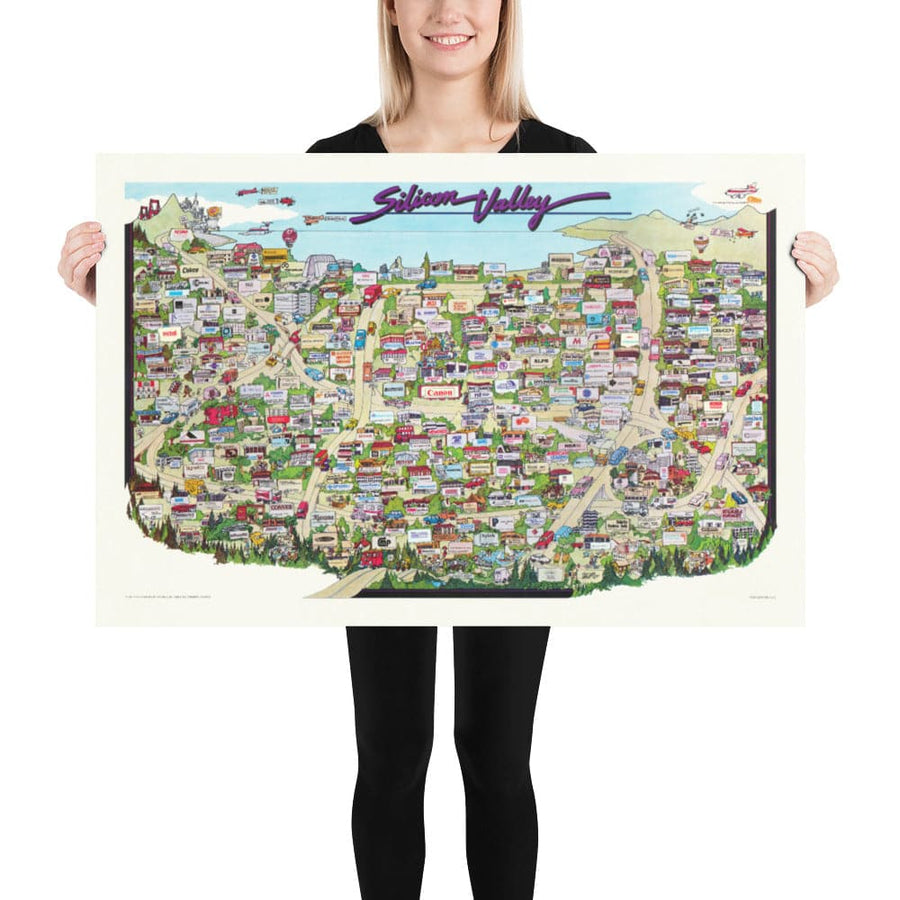 Mappa rara e antica della Silicon Valley, 1985 - Carta pittorica di Mountainview, Sunnyvale, Cupertino, San Jose, Fremont 