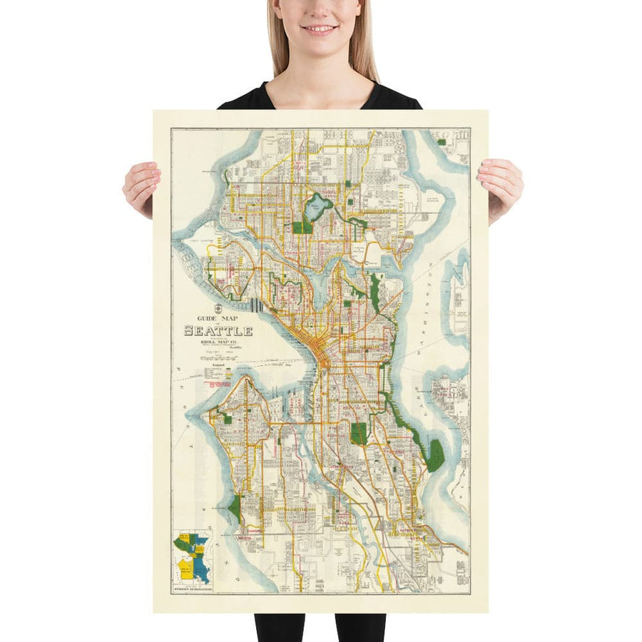 Rara Mappa Antica di Seattle, Washington, 1929 - Centro, Laghi, Puget, Canali, Isola di Mercer 