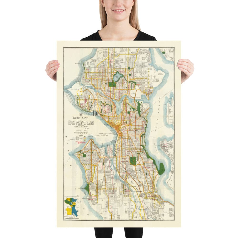 Rare Old Map of Seattle, Washington, 1929 - Downtown, Lakes, Puget, Canals, Mercer Island