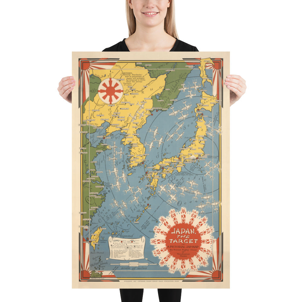 World War 2 "Japan the Target" Pictorial Map, 1942 by Ernest Dudley Chase - Illustrated Old WW2 Bombing Chart - China, Japan, Korea