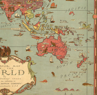 Old Mercator Map of the World in 1931 by Ernest Dudley Chase - Mythical Monsters, Pyramids, Landmarks