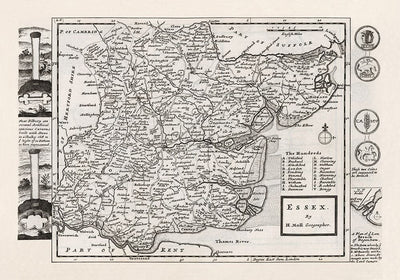 Old Map of Essex 1724, by Herman Moll - Southend, Colchester, Chelmsford, Basildon, Romford