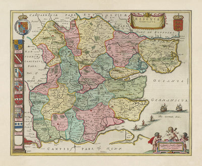 Old Map of Essex, 1665 by Joan Blaeu - Southend, Colchester, Chelmsford, Basildon, Romford, Braintree, North London