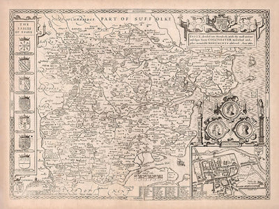 Old Map of Essex in 1611 by John Speed - Southend, Colchester, Chelmsford, Basildon