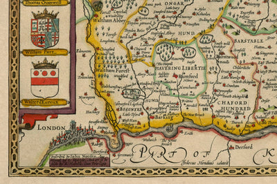 Old Map of Essex by John Speed 1611 - Southend, Colchester, Chelmsford, Basildon, Romford