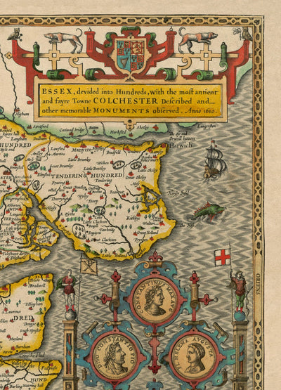 Old Map of Essex by John Speed 1611 - Southend, Colchester, Chelmsford, Basildon, Romford