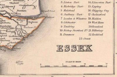 Old Map of Essex, 1844 by Samuel Lewis - Great Eastern Railway, ECR, Chelmsford, Colchester