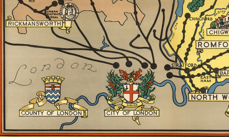 Mappa antica di Essex, Suffolk, Hertfordshire, 1948 - Grafico Pictoriale delle Ferrovie Britanniche - Colchester, Southend, St Albans 