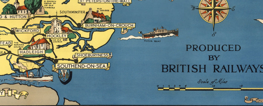 Mappa antica di Essex, Suffolk, Hertfordshire, 1948 - Grafico Pictoriale delle Ferrovie Britanniche - Colchester, Southend, St Albans 