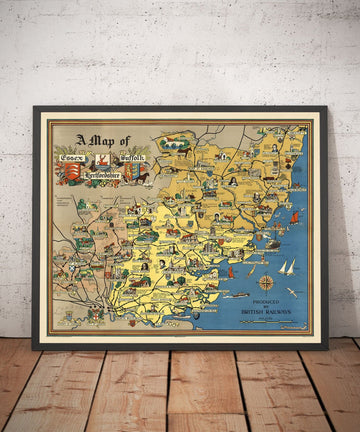 Alte Karte von Essex, Suffolk, Hertfordshire, 1948 - Britische Eisenbahn Bildtafel - Colchester, Southend, St Albans 