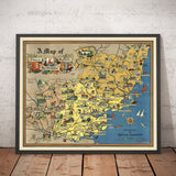 Mapa antiguo de Essex, Suffolk, Hertfordshire, 1948 - Gráfico pictórico ferroviario británico - Colchester, Southend, St Albans