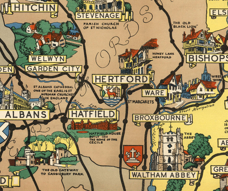 Mappa antica di Essex, Suffolk, Hertfordshire, 1948 - Grafico Pictoriale delle Ferrovie Britanniche - Colchester, Southend, St Albans 