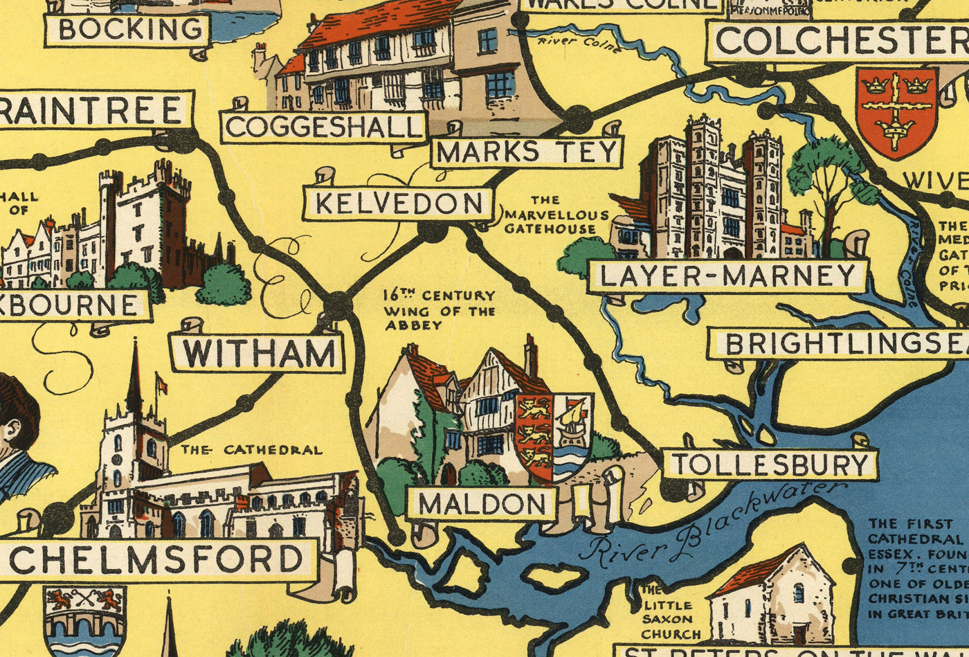 Old Map of Essex, Suffolk, Hertfordshire, 1948 - British Railway Pictorial Chart - Colchester, Southend, St Albans