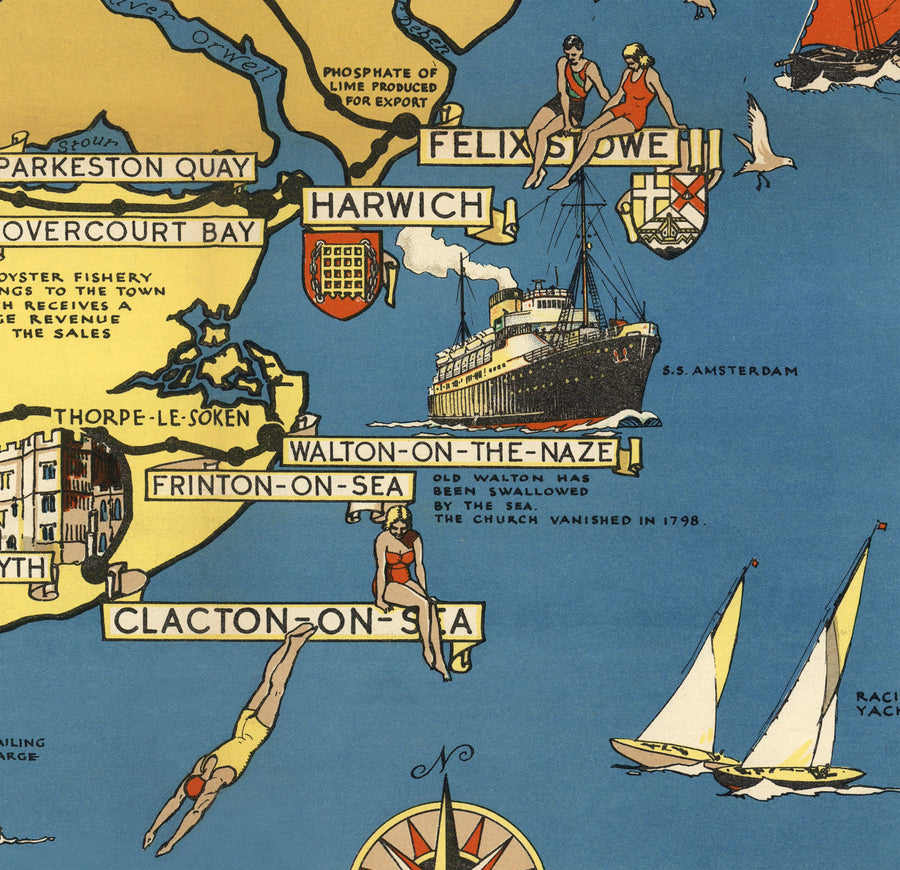 Mappa antica di Essex, Suffolk, Hertfordshire, 1948 - Grafico Pictoriale delle Ferrovie Britanniche - Colchester, Southend, St Albans 