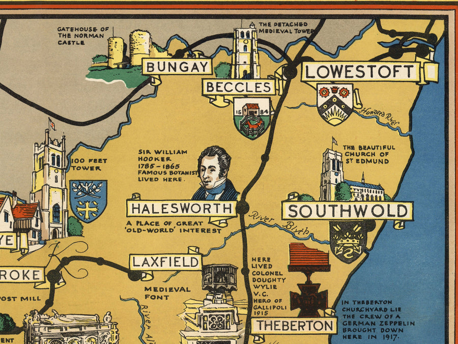 Mappa antica di Essex, Suffolk, Hertfordshire, 1948 - Grafico Pictoriale delle Ferrovie Britanniche - Colchester, Southend, St Albans 
