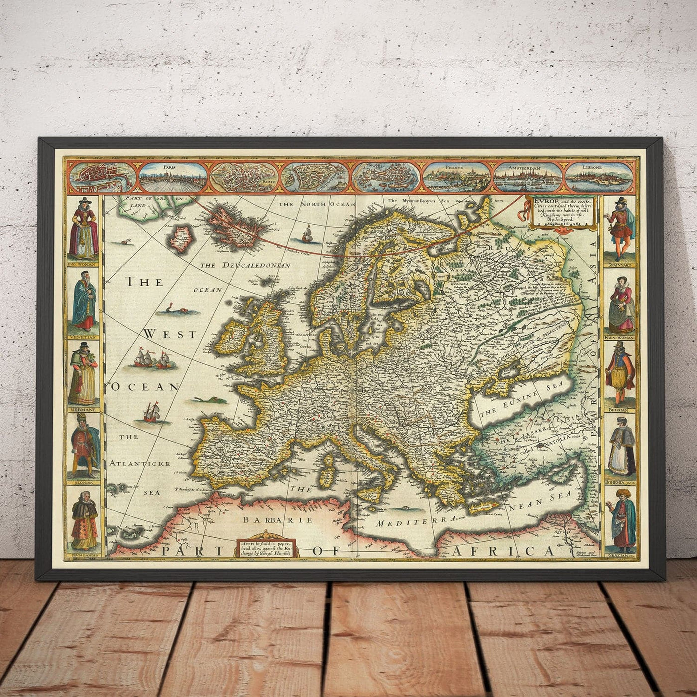 Old Map of Europe by John Speed, 1627 - England, France, Germany, Italy, Russia - Cities, Jacobean Clothing