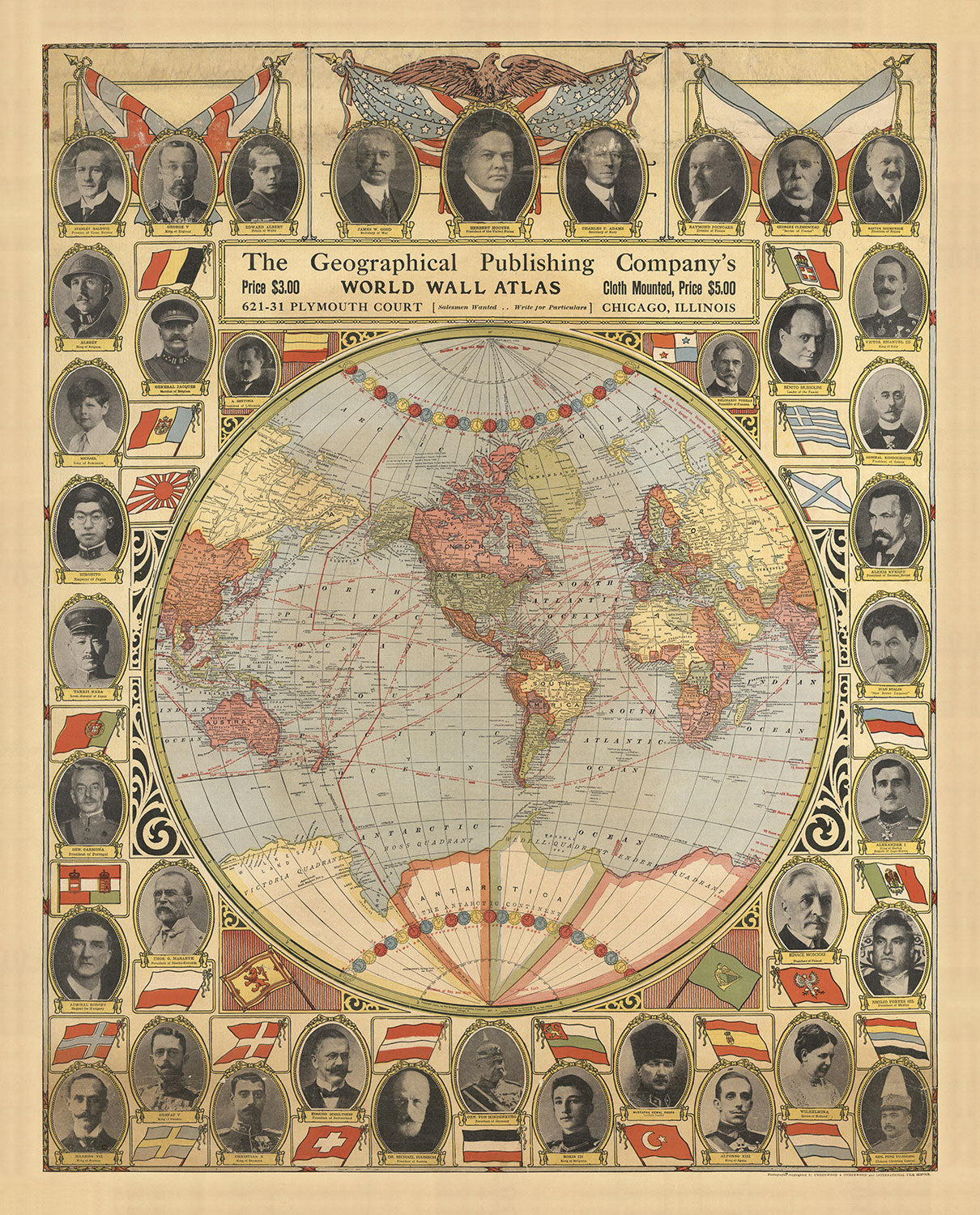 Old Flat Earth Map with World Leaders, 1921 - Shipping Lanes, Stalin, Mussolini, King George, Hoover